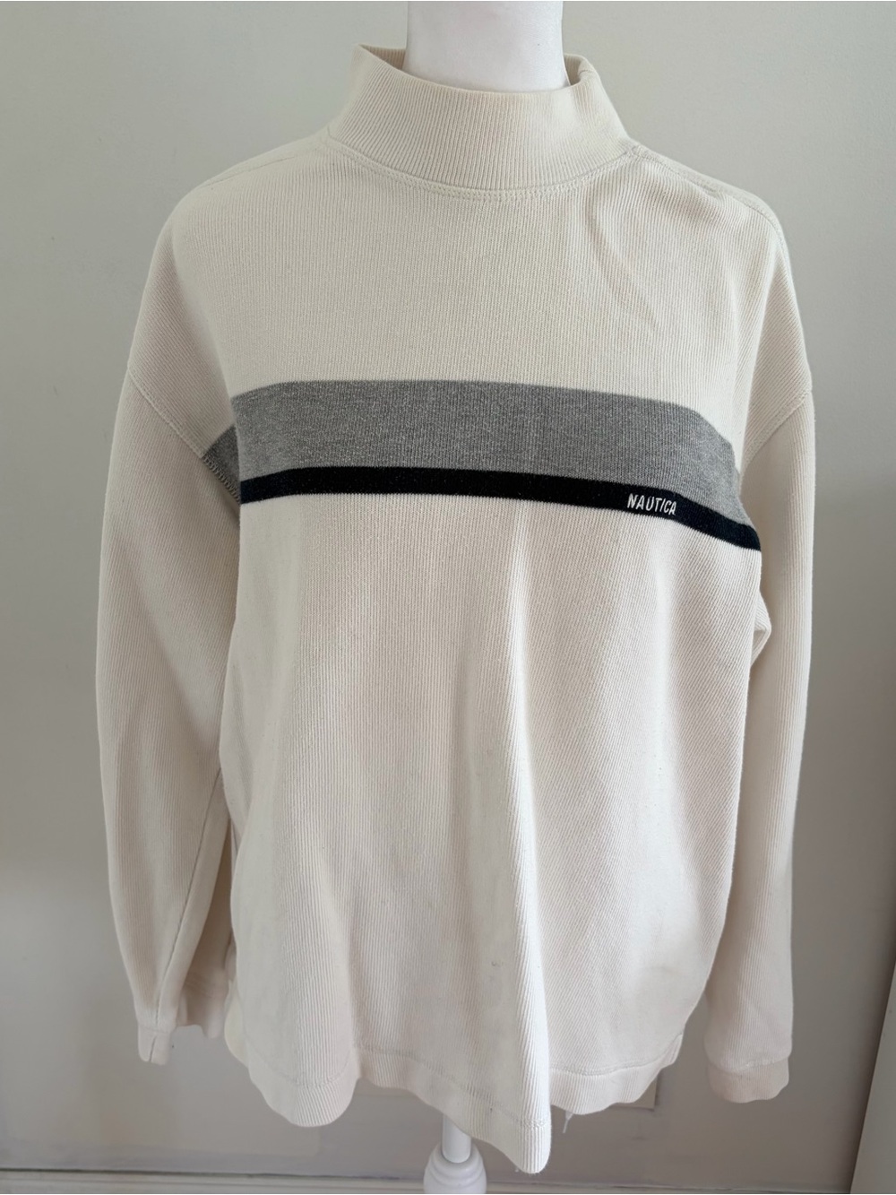 Vintage 90’s Nautica Cream Turtleneck Sweater with Gray and Navy Stripes